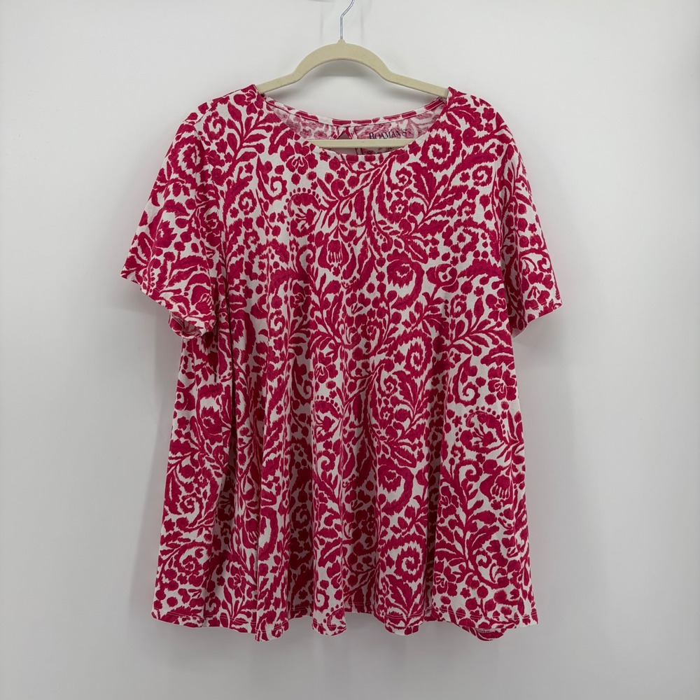 Roaman's Womens 1X Pink White Floral Scroll Cotton Short Sleeve Keyhole Top